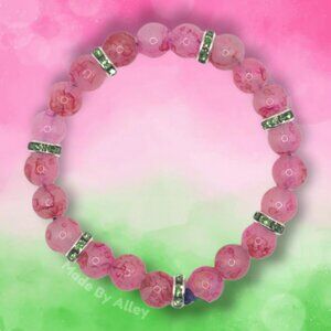 Light Pink Red Crackle 8mm Handmade Beaded Bracelet with Green Rhinestones